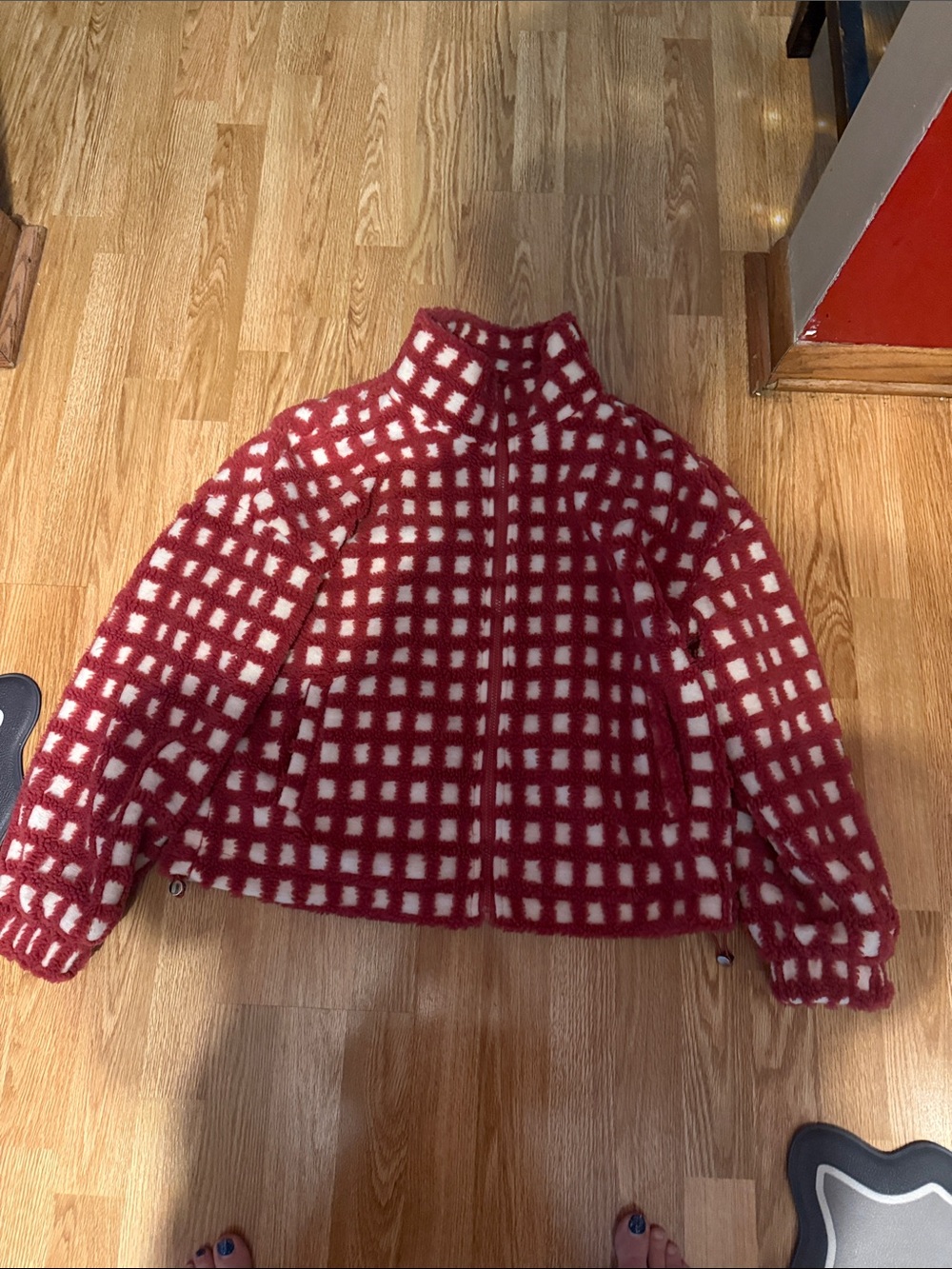 Womens Red & Cream Grid Zip-Up Jacket